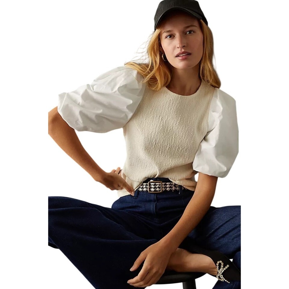 Anthropologie Cream White Boucle Knit Poplin Puff Sleeve Top Blouse Women Medium